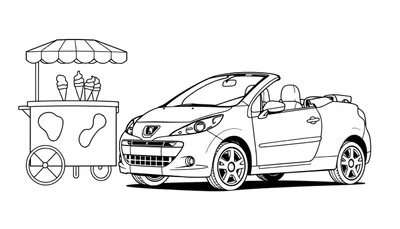 Kleurplaat van een ijskraam met een koeienvacht patroon naast een sportieve cabriolet.