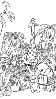 Een zwart-witte kleurplaat van jungle dieren die spelen.