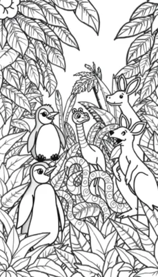 Een zwart-wit kleurplaat met pinguïns, een slang, een dinosaurus en kangoeroes in een weelderige jungle met bladeren en een zon.