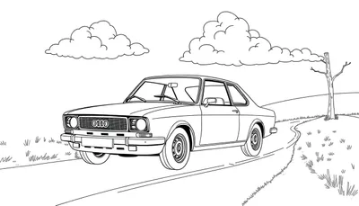Zwart-wit kleurplaat van een klassieke Audi coupé op een landweg