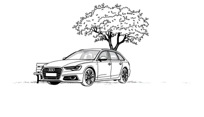 Kleurplaat van een Audi A6 stationwagon naast een bankje onder een boom.
