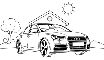 Zwart-wit tekening van een Audi A6 als kleurplaat, geparkeerd voor een huis met een zonnetje.