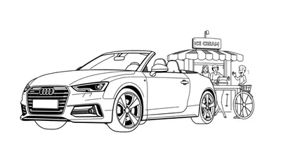 Kleurplaat van een Audi cabriolet bij een ijskraampje.