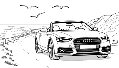 Zwart-wit kleurplaat van een Audi Cabriolet aan zee, met meeuwen in de lucht.