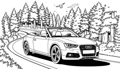 Een zwart-wit kleurplaat tekening van een Audi cabriolet sportwagen die op een bochtige weg rijdt, omringd door naaldbomen.