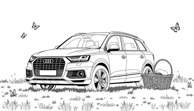 Kleurplaat van een Audi Q7 met vlinders en een picknickmand.