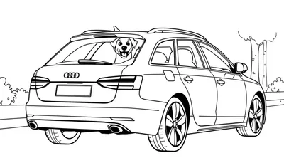Kleurplaat van een Audi stationwagen met een vrolijke hond.
