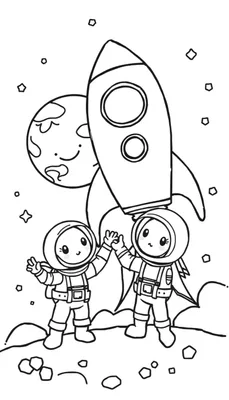 Kleurplaat van twee lachende cartoon astronauten die elkaar een high-five geven op een buitenaardse planeet met een raket en een maan in de achtergrond.