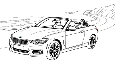 Een zwart-wit kleurplaat van een BMW cabriolet die langs de kust rijdt met een man en vrouw erin.