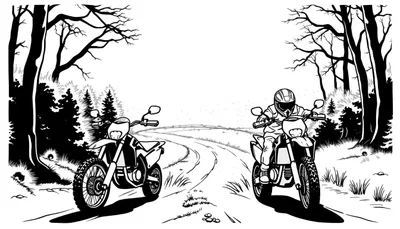 Kleurplaat: Motorcross in het bos met twee motoren en een rijder.