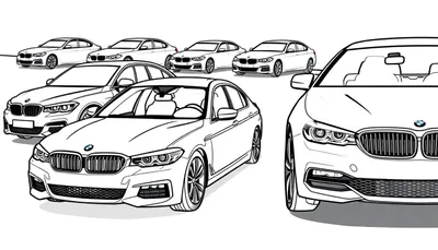 Kleurplaat van zeven zwarte BMW's op een witte achtergrond, georganiseerd in twee rijen.