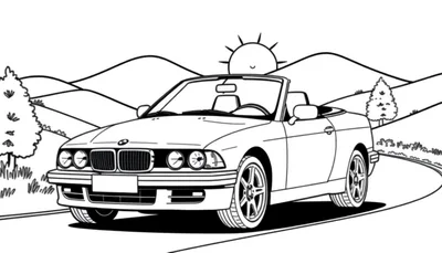 Zwart-wit kleurplaat van een BMW cabriolet op een bochtige weg met heuvels en bomen.