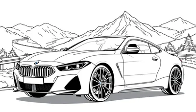 Kleurplaat van een BMW M8 sportwagen in de bergen.
