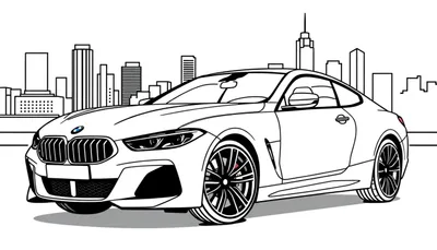 Zwart-wit kleurplaat van een BMW M8 coupé met stad op de achtergrond.