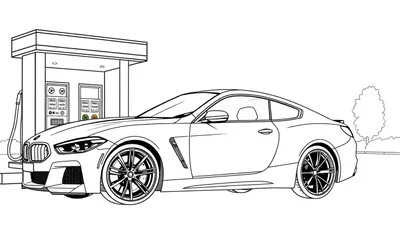 Een zwart-wit kleurplaat van een BMW M8 bij een tankstation.