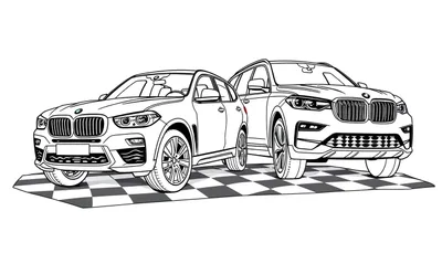 Kleurplaat van een BMW X6 en BMW X7 in lijnen op een dambord.