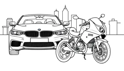 Kleurplaat van een zwarte BMW en een motorfiets in een stad.