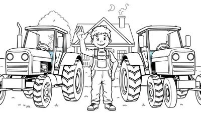 Kleurplaat van een jongen met twee tractoren en een boerderij.