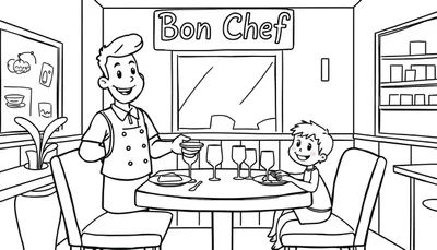 Kleurplaat van restaurant Bon Chef met ober en jongen aan tafel.