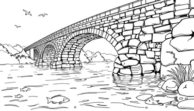 Een zwart-wit kleurplaat van een boogbrug over een rivier.