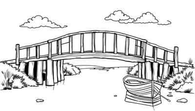 Een zwart-witte kleurplaat van een boogbrug over een rivier met een bootje.