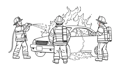 Kleurplaat van drie brandweermannen die een autobrand blussen.
