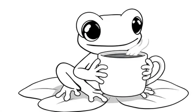 Een schattige baby gifkikker kleurplaat die een warme chocomelk drinkt.