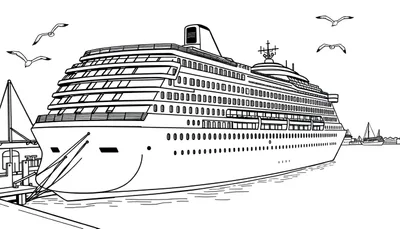 Zwart-wit kleurplaat van een cruiseschip in de haven.