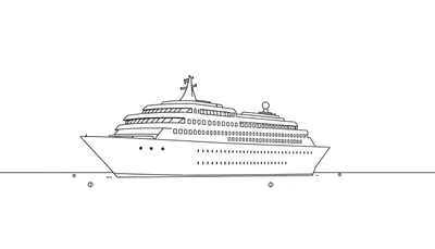 Een zwart-witte kleurplaat van een cruiseschip in de haven met een horizonlijn.