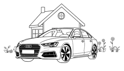 Kleurplaat van een Audi A6 voor een huis met bloemen.