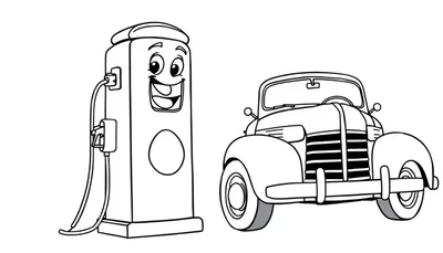 Kleurplaat van een lachende benzinepomp en een oude auto