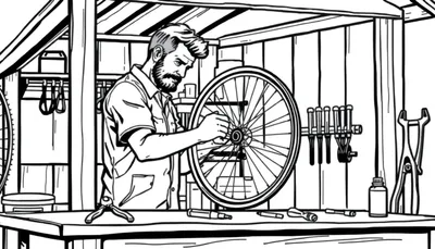 Een zwart-wit kleurplaat van een vriendelijke fietsenmaker met een baard die een fietswiel repareert in zijn werkplaats, omringd door gereedschap.