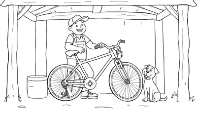 Kleurplaat van een fietsenmaker met zijn hond onder een afdak.
