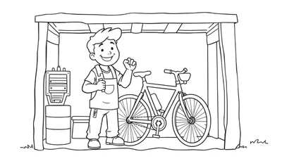 Zwart-wit tekening van een lachende jongen met overall in een schuur, naast een fiets. De tekening is een kleurplaat.