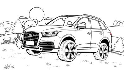 Kleurplaat van een Audi Q7 in een landschap.