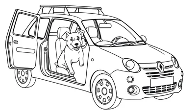 Kleurplaat van een hond die in een Renault 5 rijdt