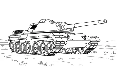 Kleurplaat van een stoere tank met een lange loop, staand in het gras.