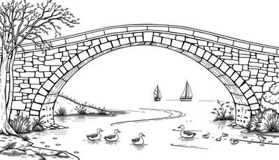Zwart-wit kleurplaat van een stenen boogbrug met eenden en zeilboten.