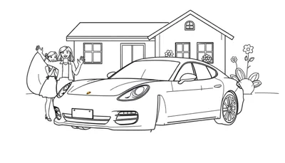 Kleurplaat van een Porsche Panamera met een huis en twee zwaaiende kinderen.