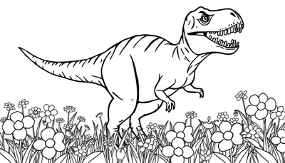 Kleurplaat van een T-Rex tussen de bloemen.