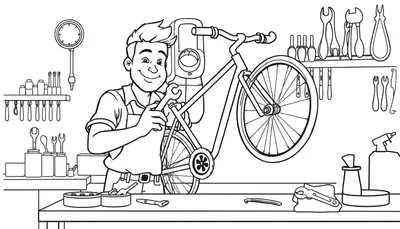 Zwart-witte cartoon van een lachende fietsenmaker die een fiets repareert, een kleurplaat.