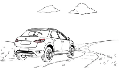 Een simpele kleurplaat tekening van een witte Peugeot SUV op een onverharde weg in een graslandschap.