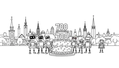 Kleurplaat van een Enschede skyline met robots en een taart.