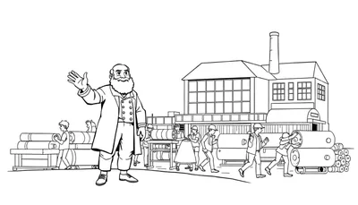 Een zwart-wit kleurplaat van een fabriek met een man die groet.