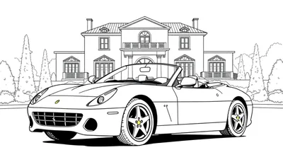 Zwart-wit kleurplaat van een Ferrari cabriolet.