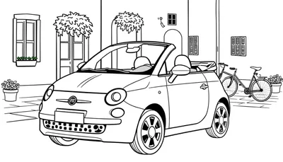 Kleurplaat van een Fiat 500 cabriolet in een Italiaanse straat.