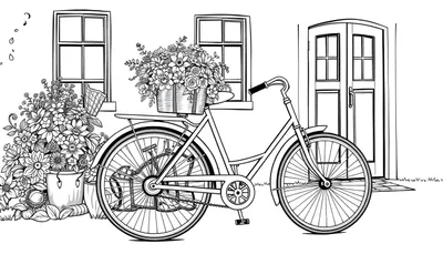 Een zwart-wit kleurplaat van een fiets met bloemenmandje voor een huis.