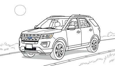 Zwart-wit kleurplaat van een Ford Explorer op een weg met een cirkelvormige zon.