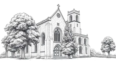 Kleurplaat van een grote gotische kerk met bomen eromheen.