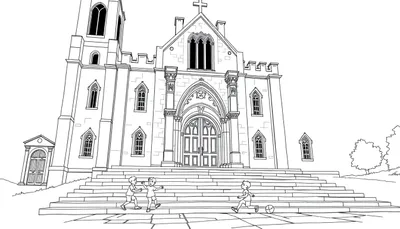 Kleurplaat van een grote kerk met kinderen die op de trap spelen.